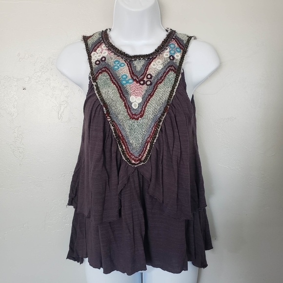 Free People XS Dark Purple Striped Embellished Sleeveless Blouse Button Beading - Picture 1 of 9